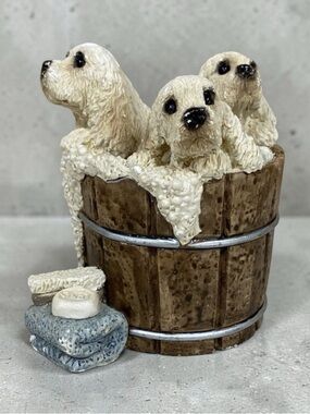Stone Critters Spaniel Puppy Dogs Three in a Tub Shelf Sitter 1992 Resin - Read